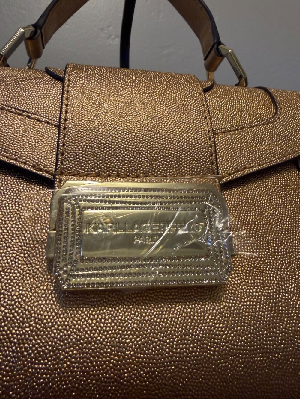 Karl Lagerfeld Paris Gold Satchel Top Handle Metallic Bag NWOT Strap Dust Bag - Picture 9 of 9